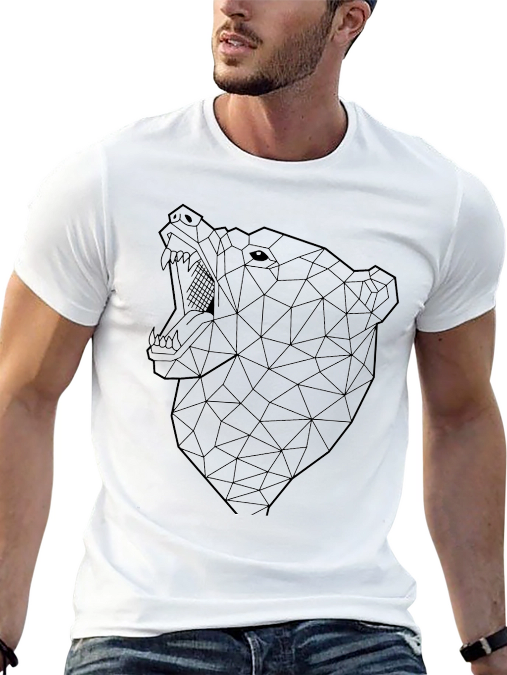 Geometric Bear Graphic Tee - Modern Mens Black T-Shirt