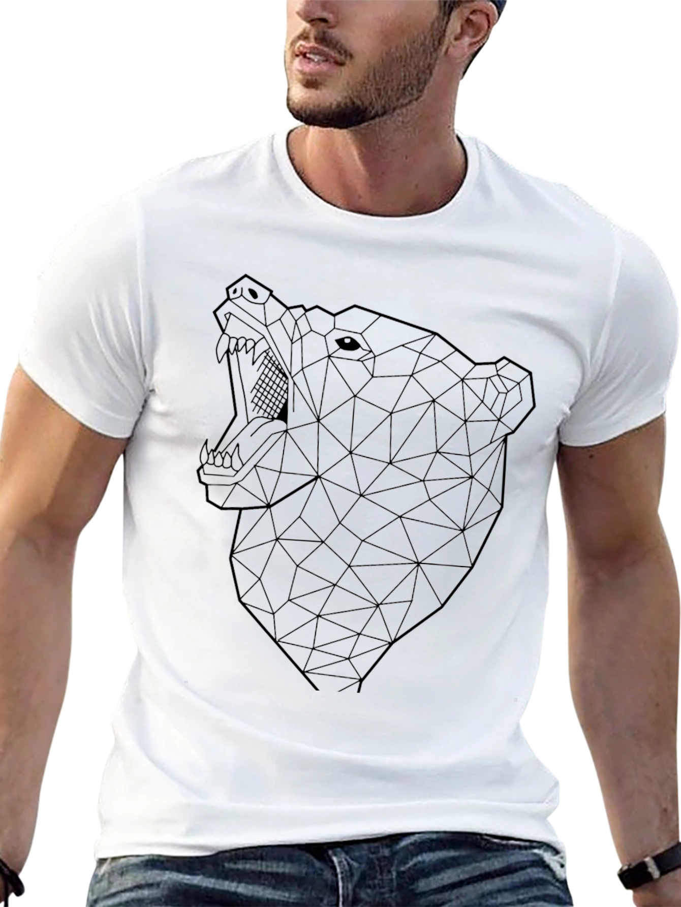Geometric Bear Graphic Tee - Modern Mens Black T-Shirt