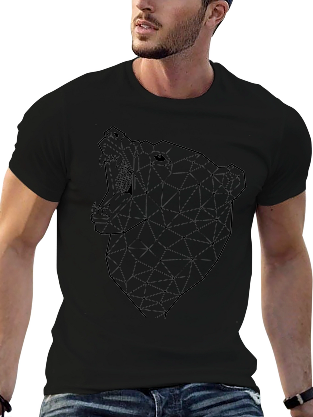 Geometric Bear Graphic Tee - Modern Mens Black T-Shirt