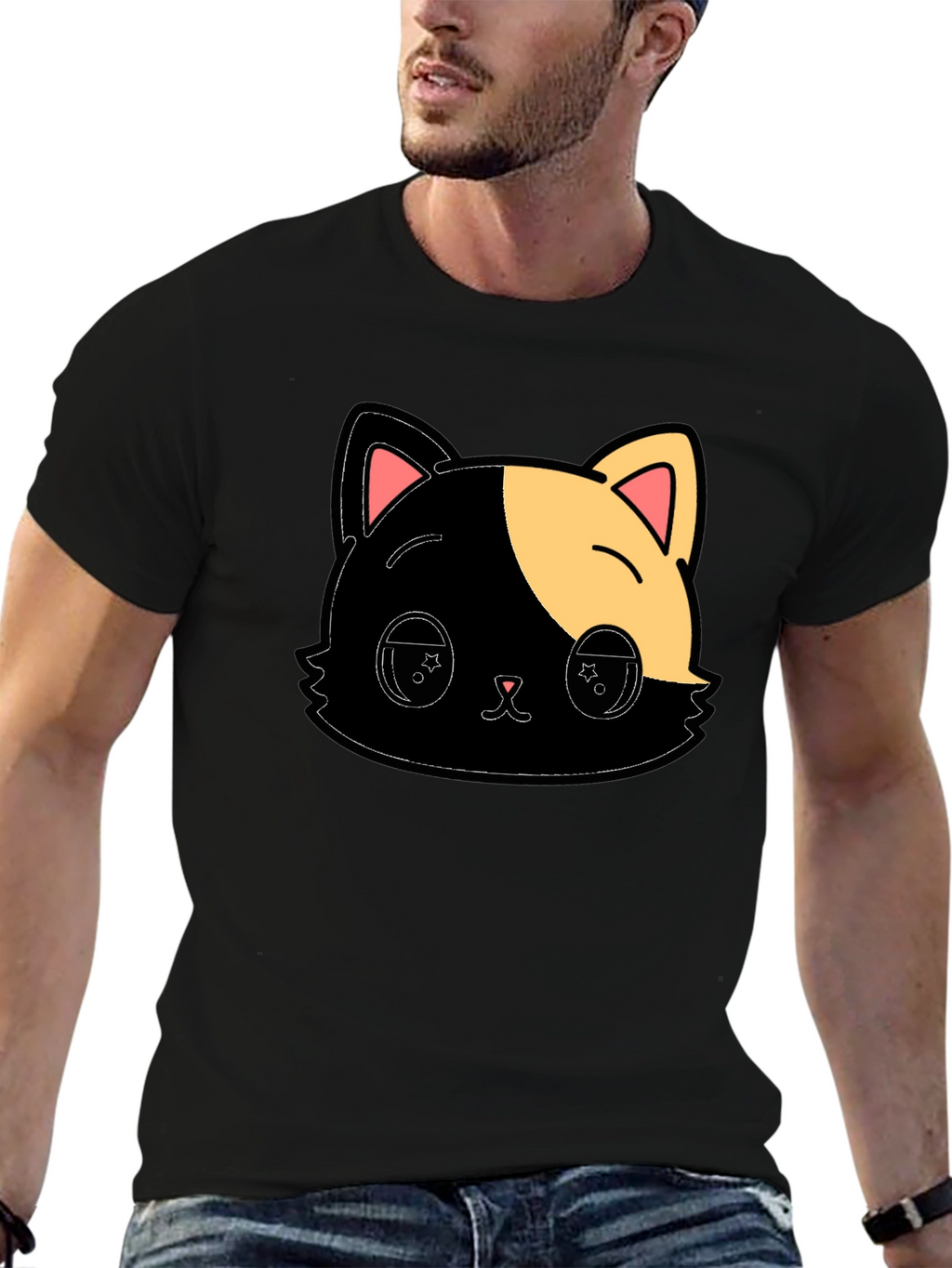 Cute Anime Cat Graphic Black T-Shirt