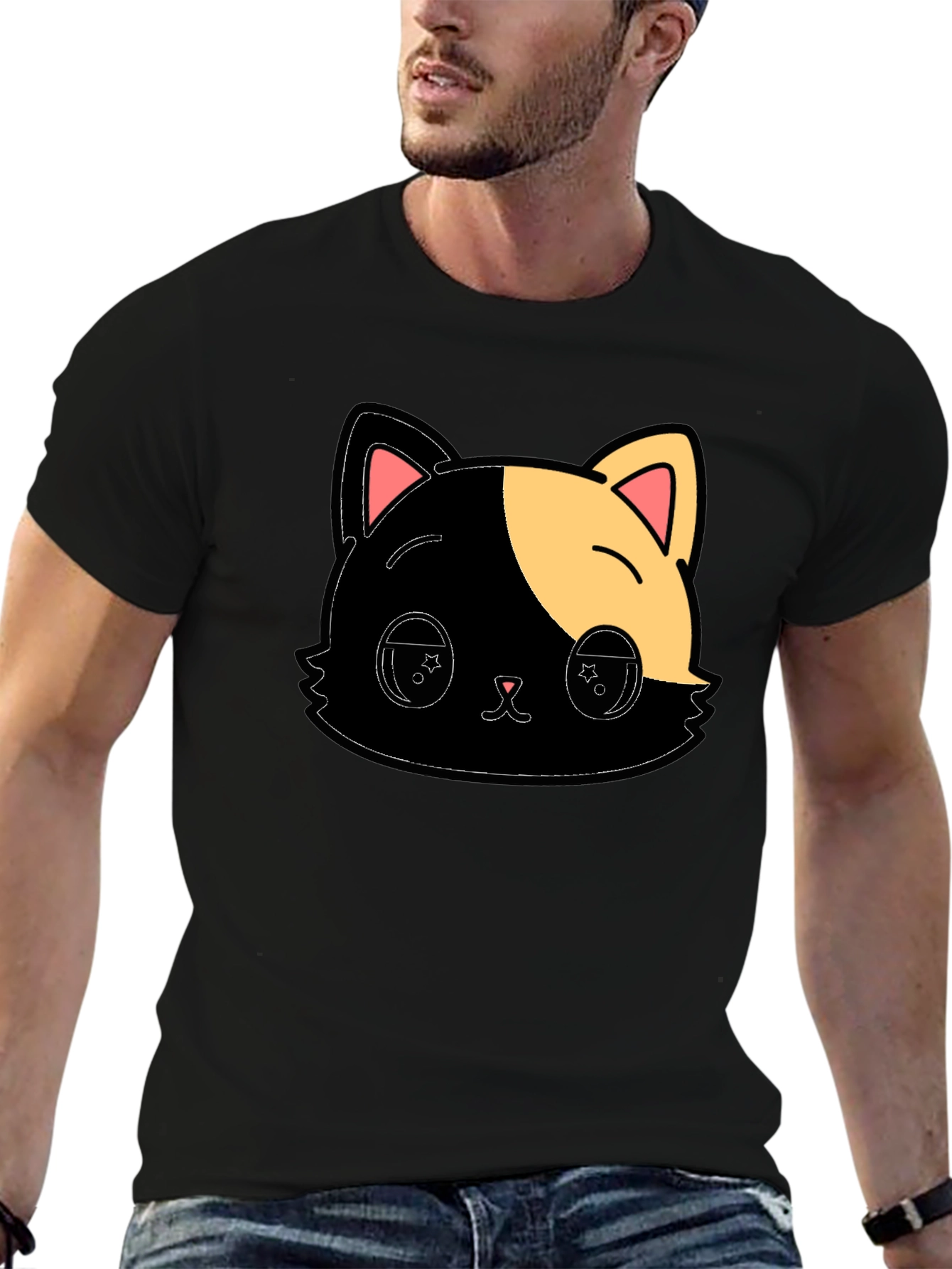 Cute Anime Cat Graphic Black T-Shirt