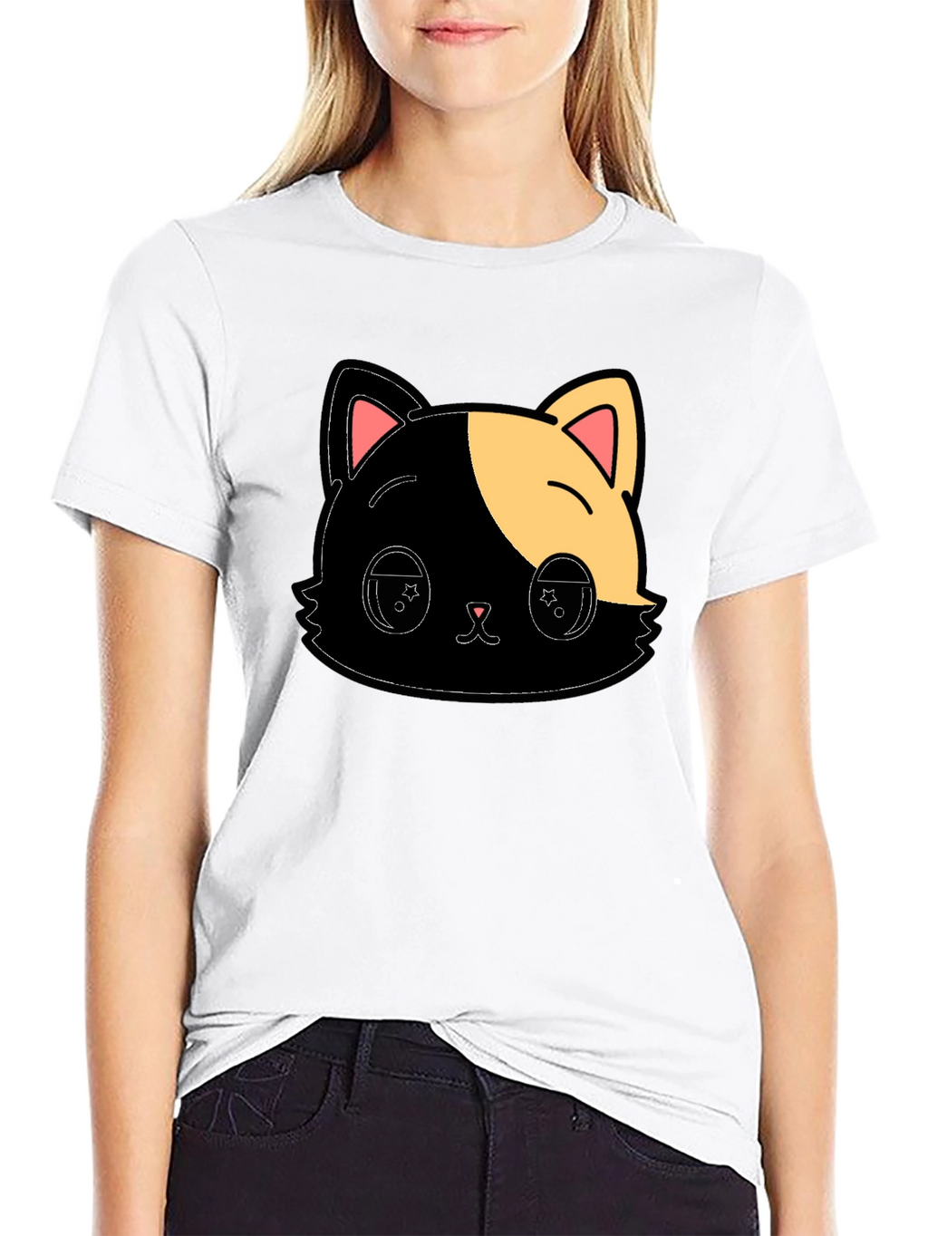 Cute Anime Cat Graphic Black T-Shirt