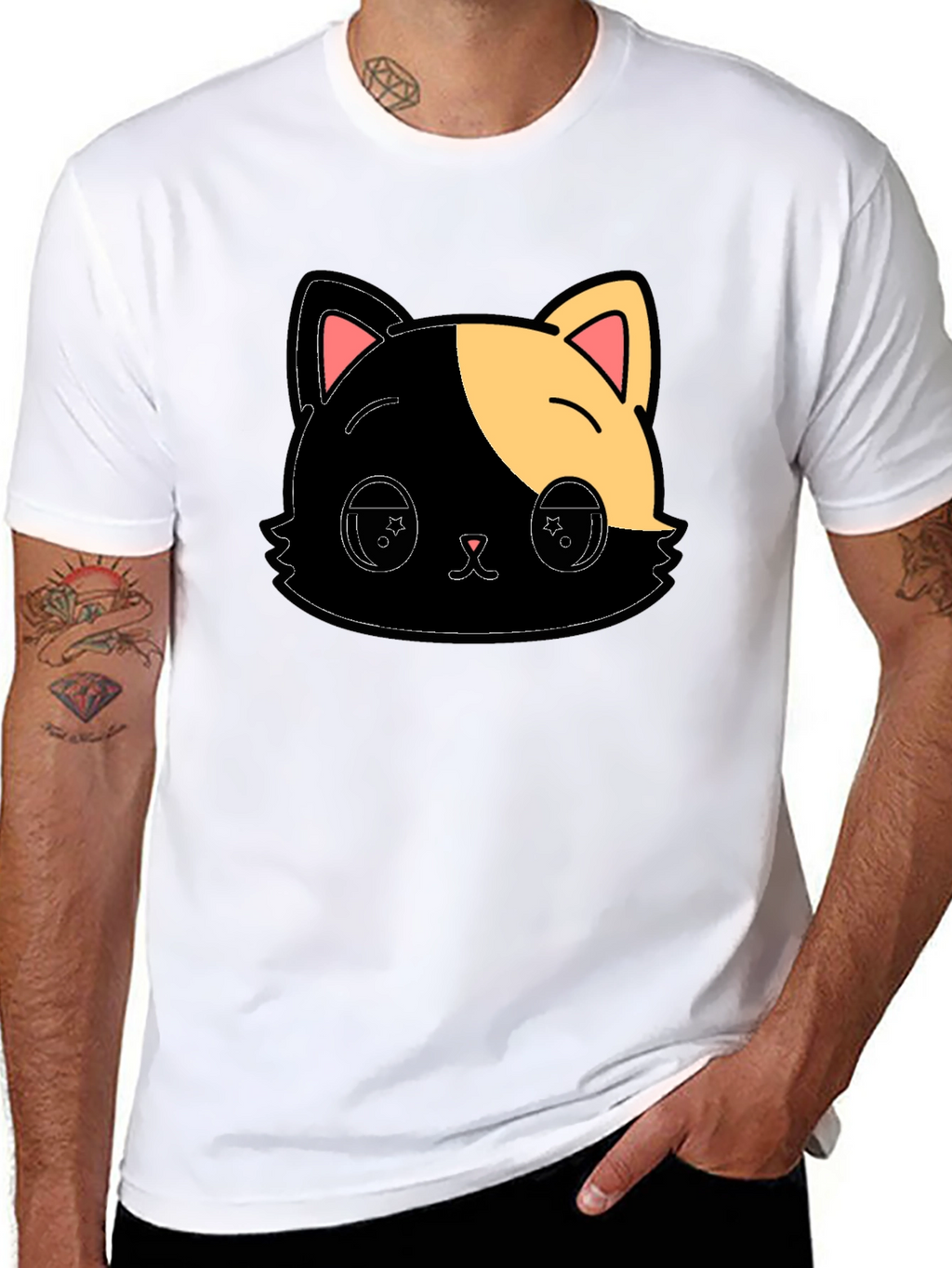 Cute Anime Cat Graphic Black T-Shirt