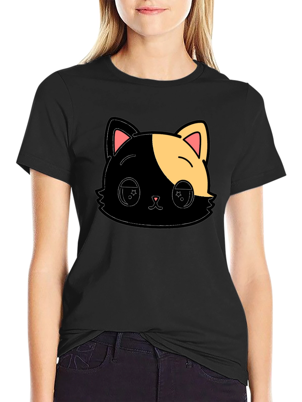 Cute Anime Cat Graphic Black T-Shirt