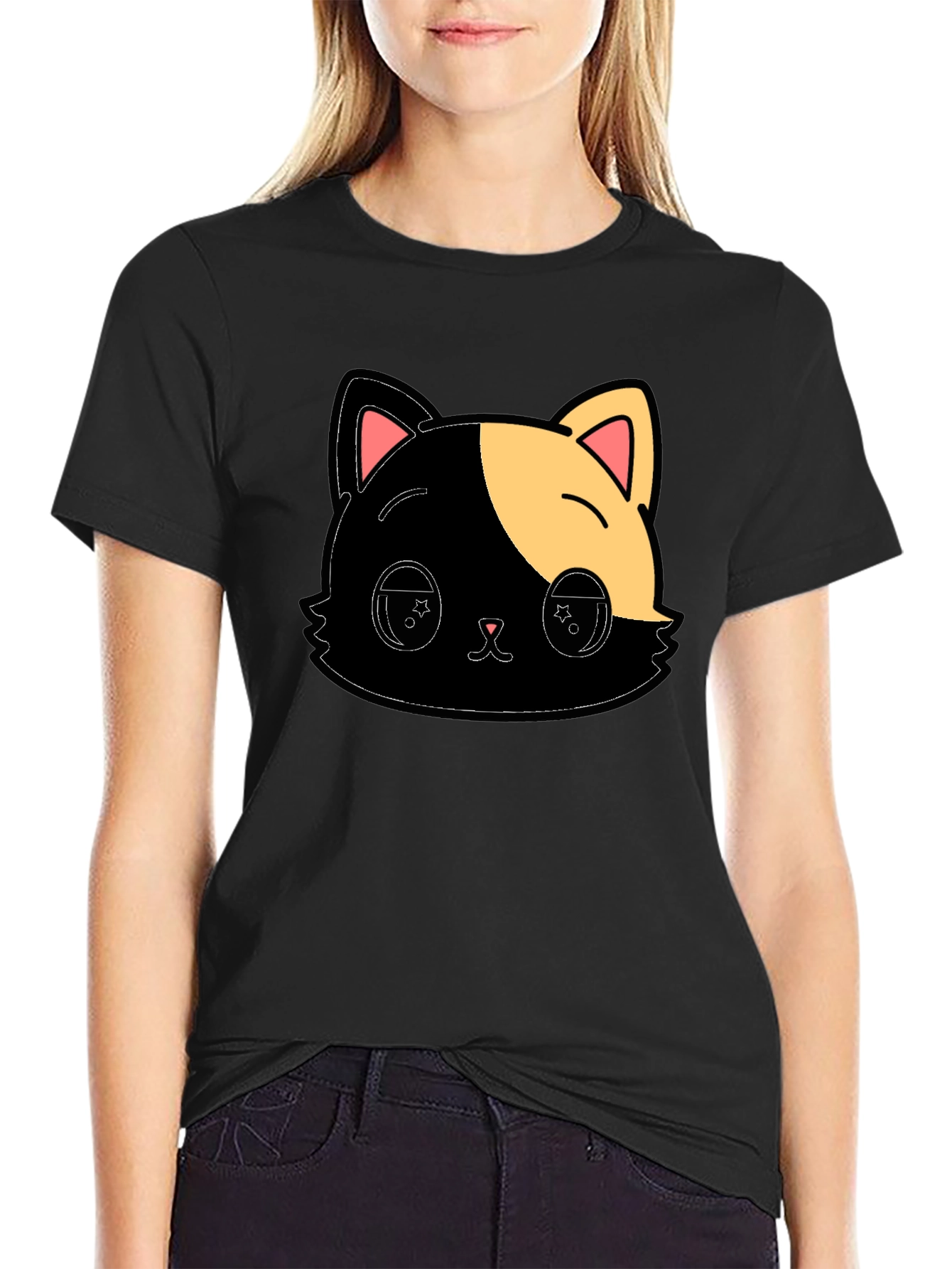 Cute Anime Cat Graphic Black T-Shirt