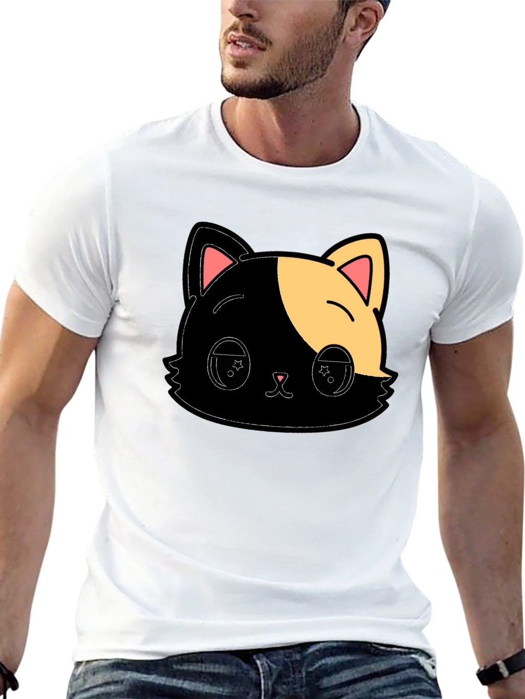 Cute Anime Cat Graphic Black T-Shirt