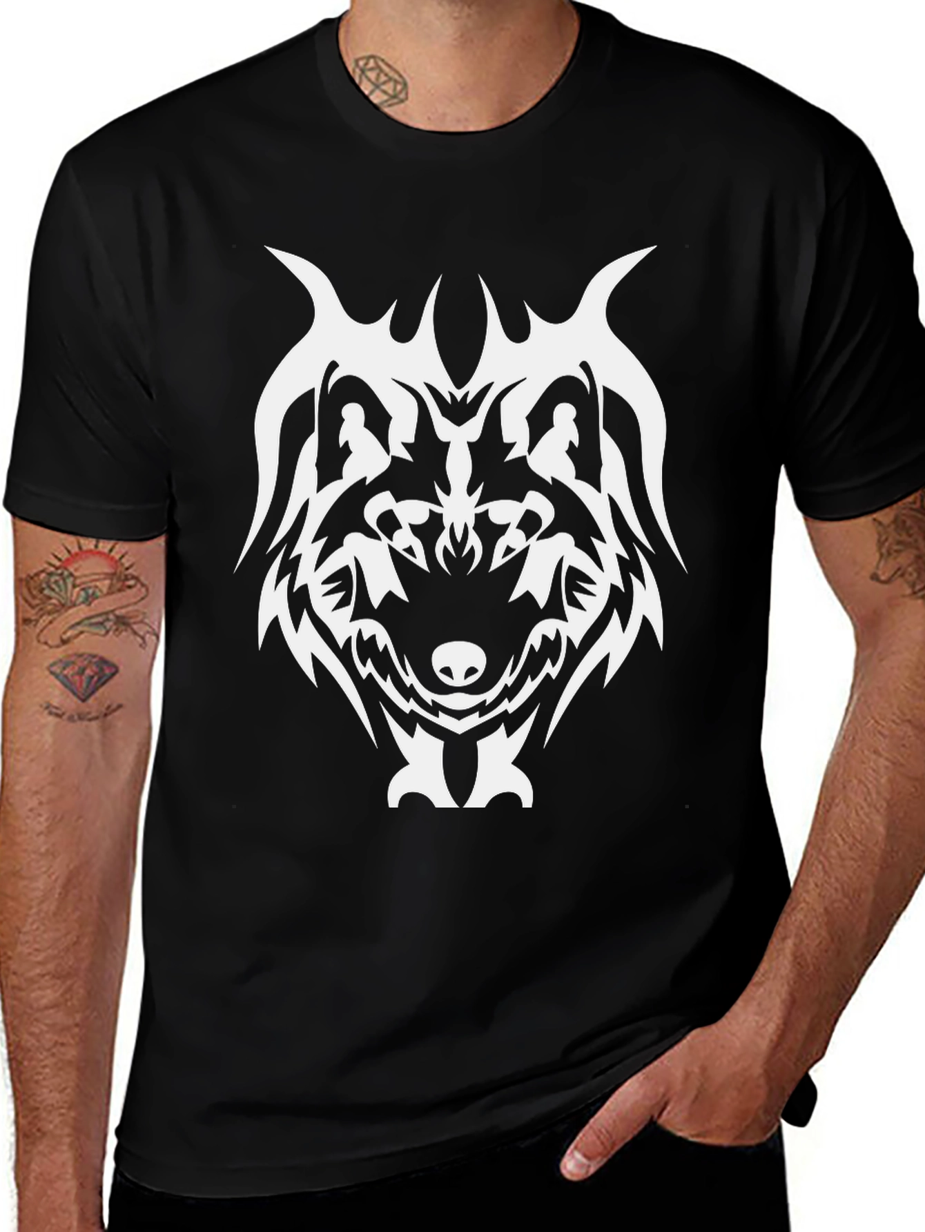 Tribal Wolf Graphic Tee - Black Cotton Blend