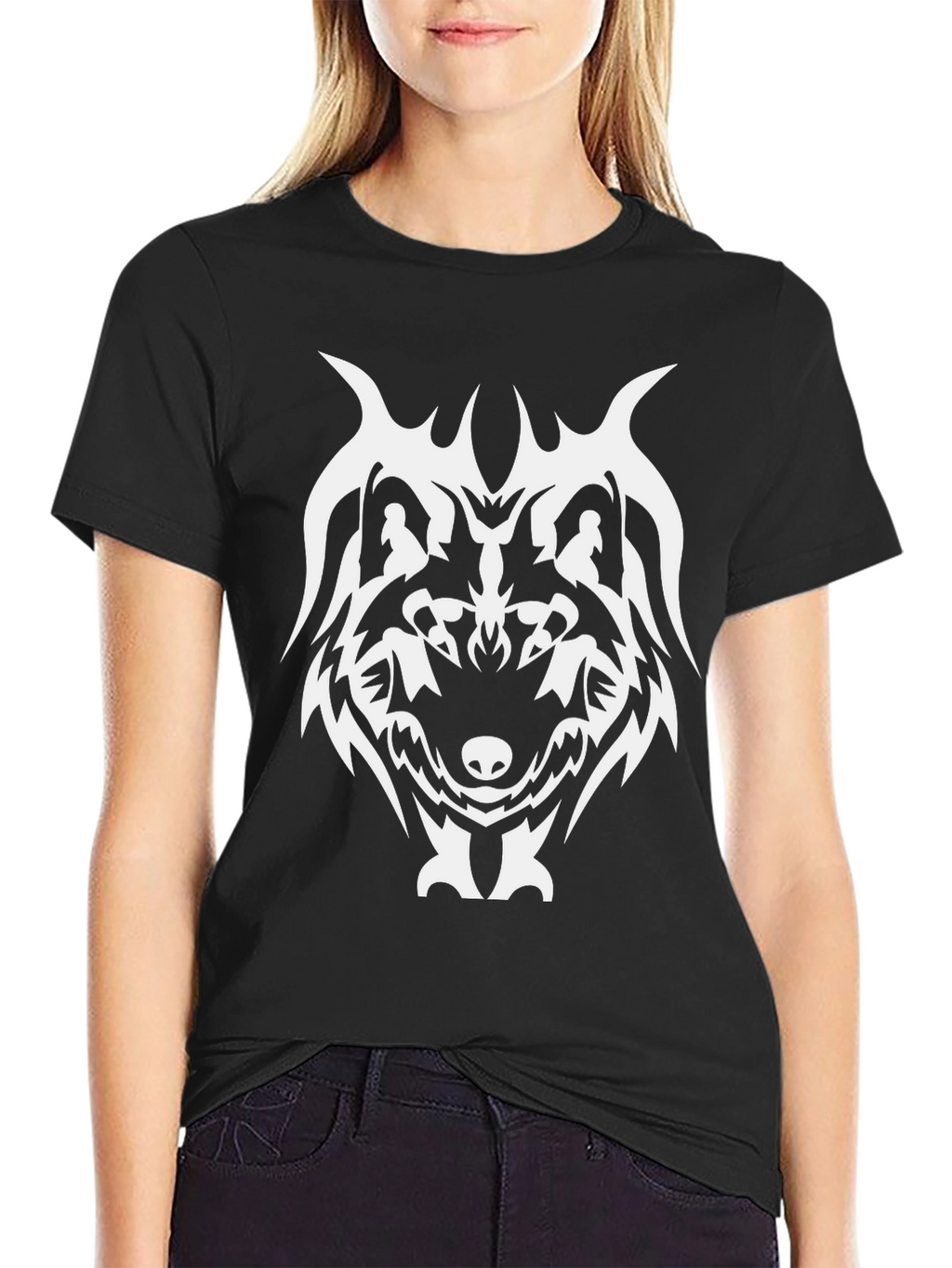 Tribal Wolf Graphic Tee - Black Cotton Blend