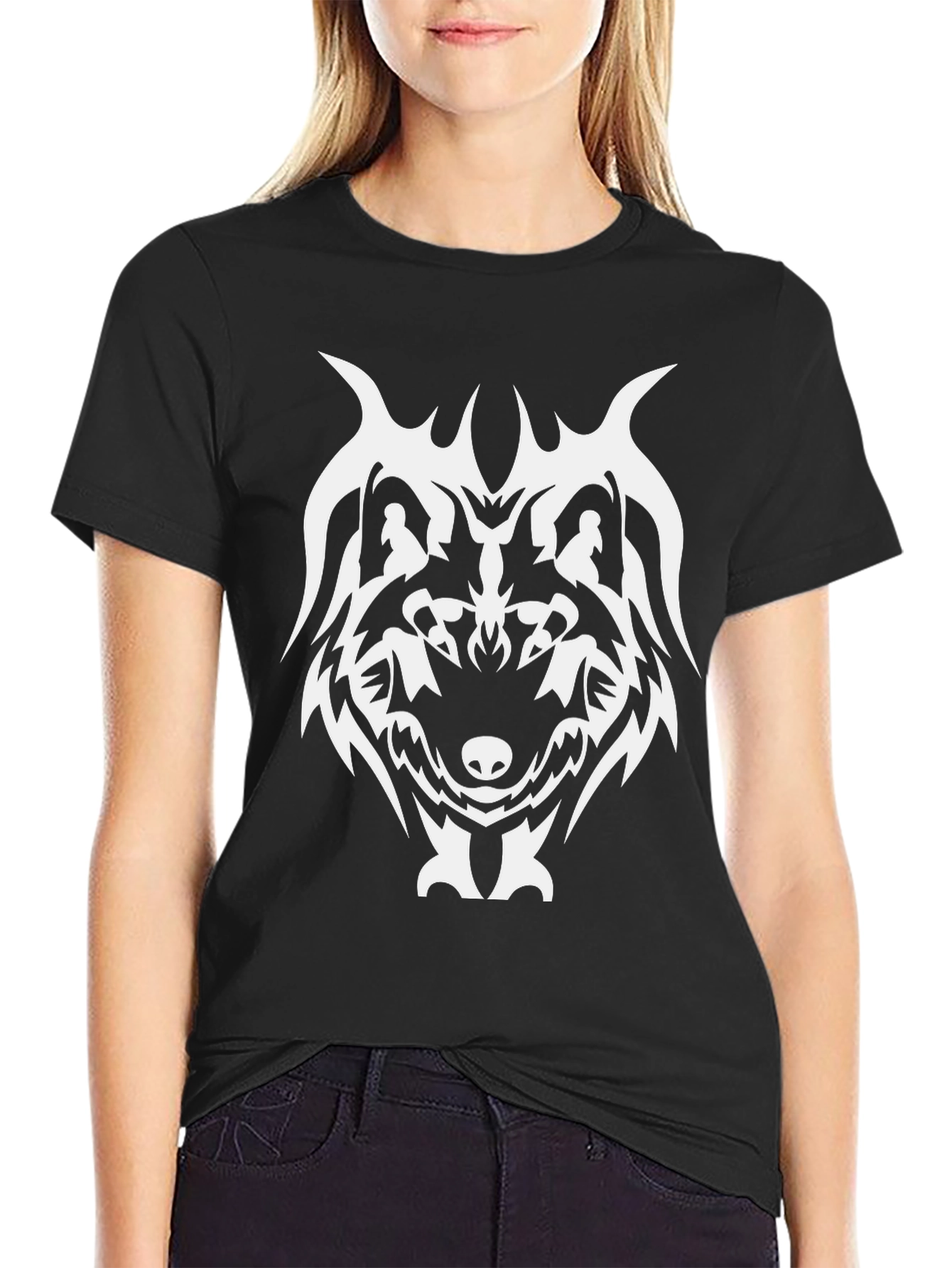 Tribal Wolf Graphic Tee - Black Cotton Blend
