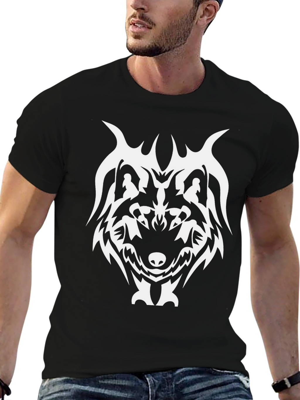 Tribal Wolf Graphic Tee - Black Cotton Blend