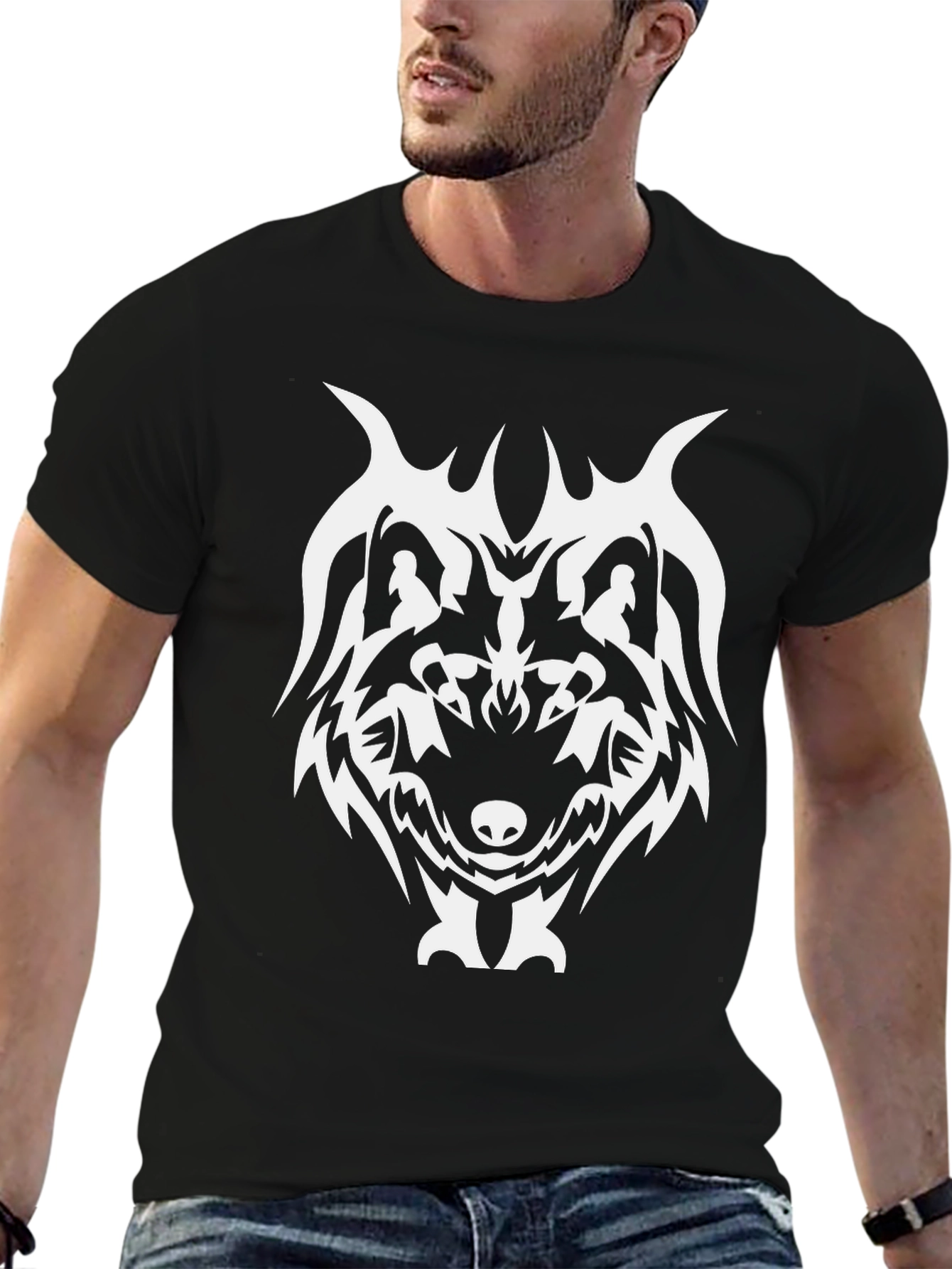 Tribal Wolf Graphic Tee - Black Cotton Blend