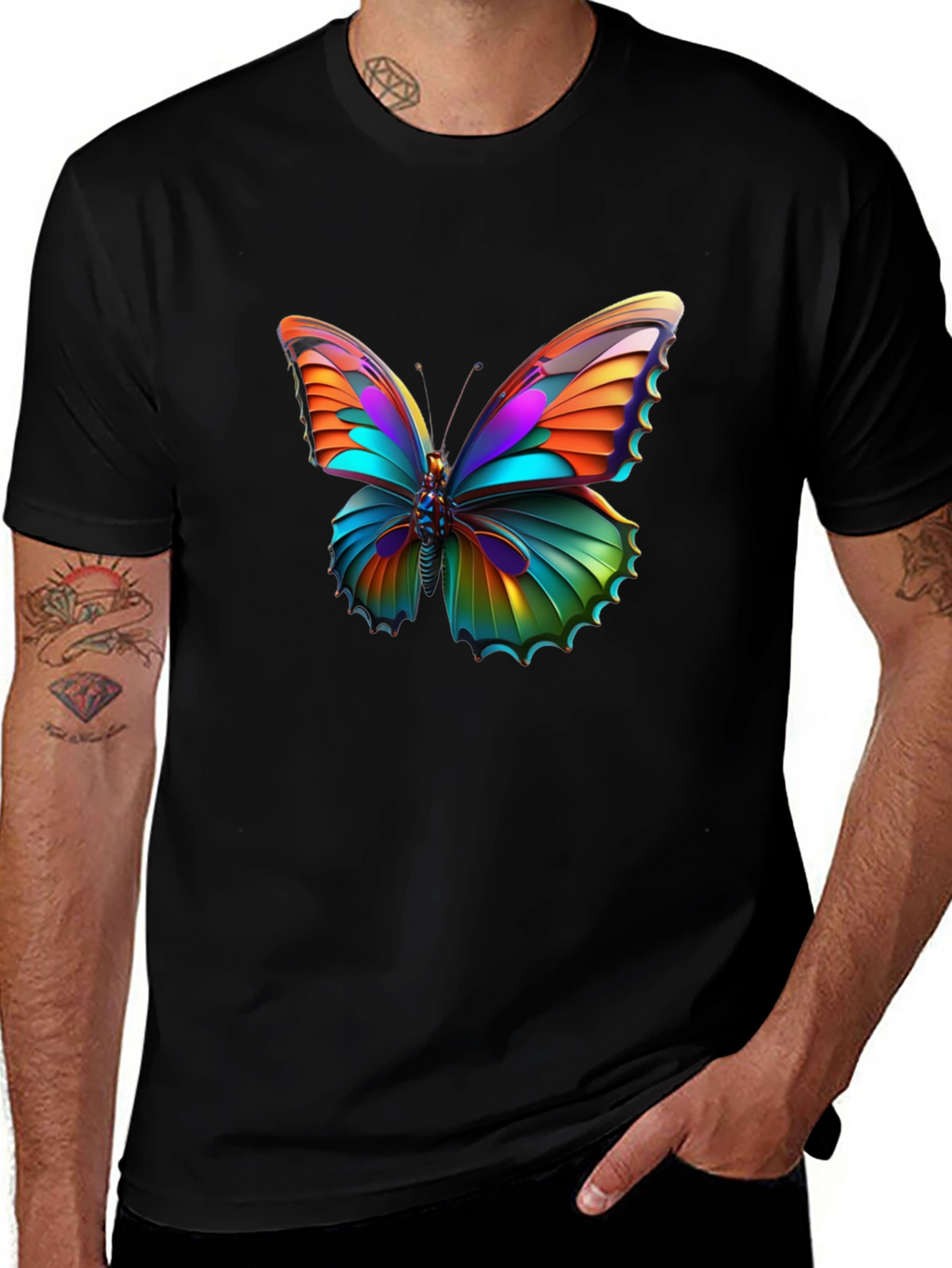 Vivid Butterfly Graphic Black T-Shirt