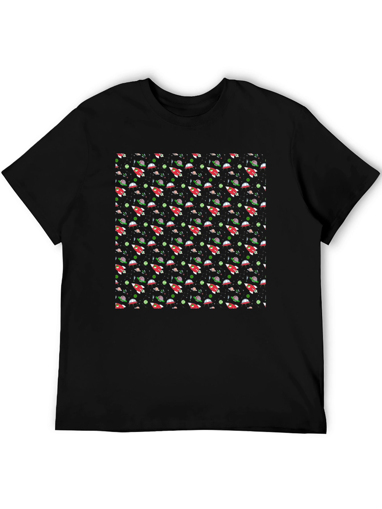 Cosmic Rockets Black T-Shirt - Space Adventure Style