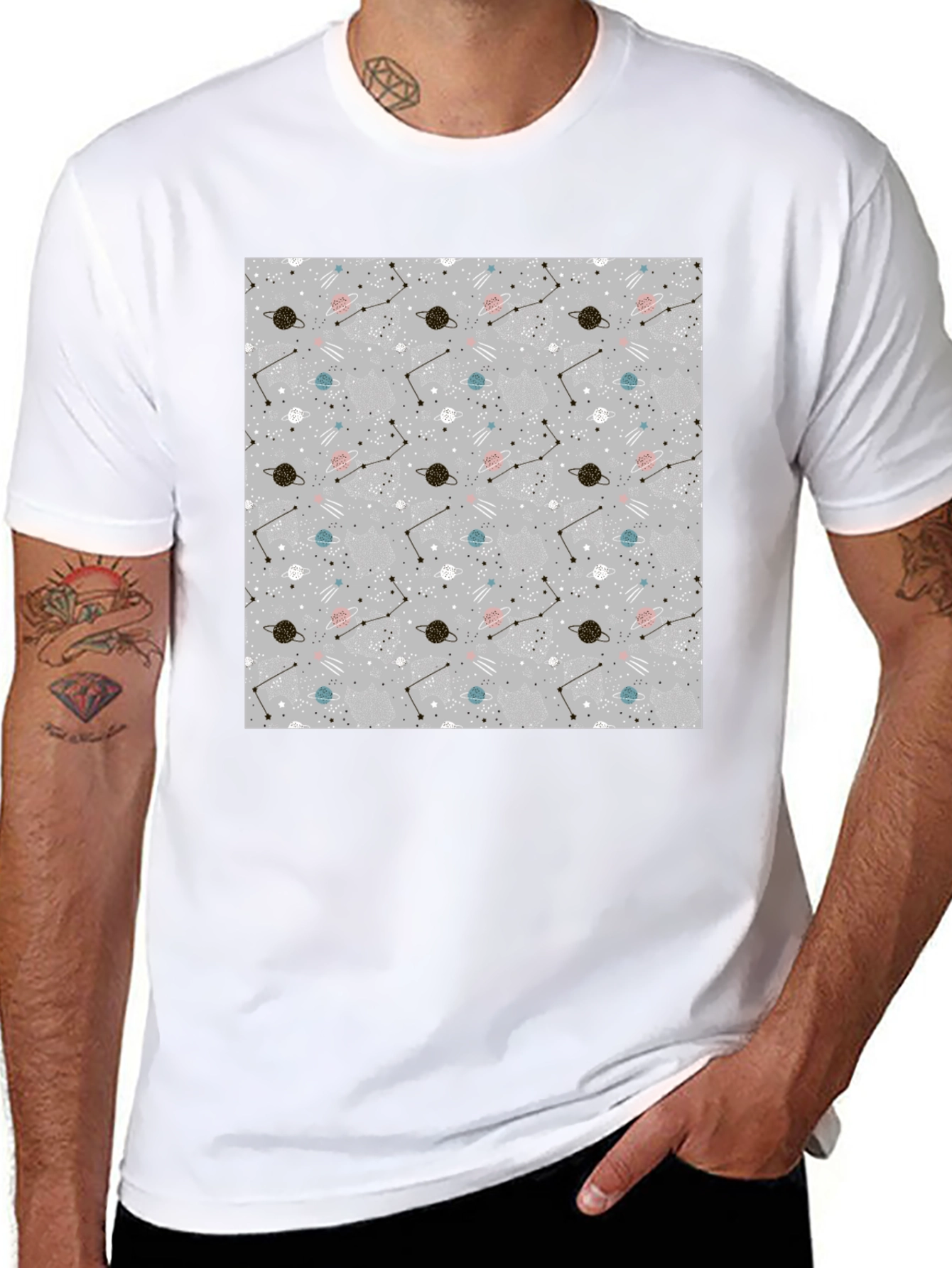 Space Pattern Black T-Shirt - Galaxy Design