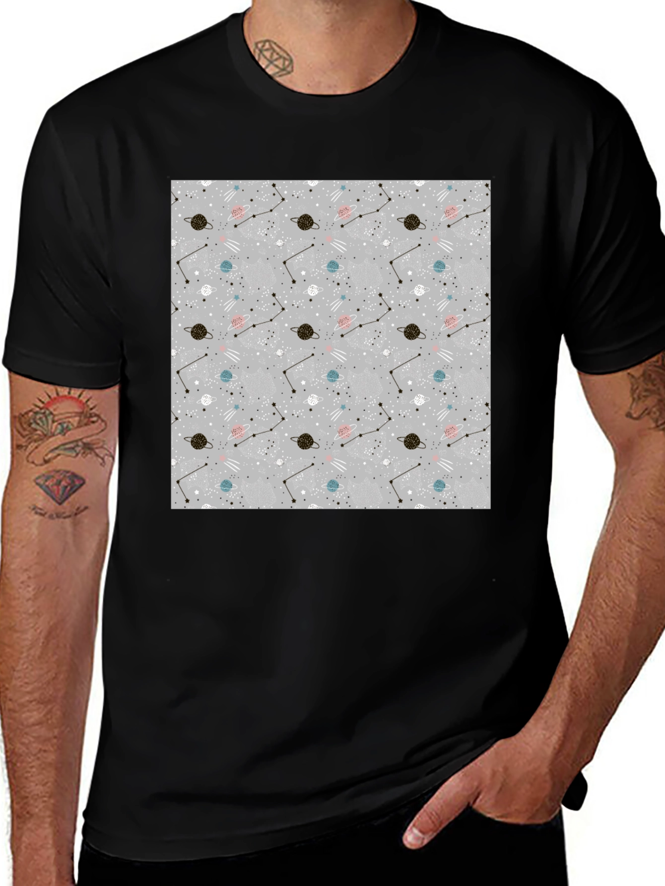Space Pattern Black T-Shirt - Galaxy Design
