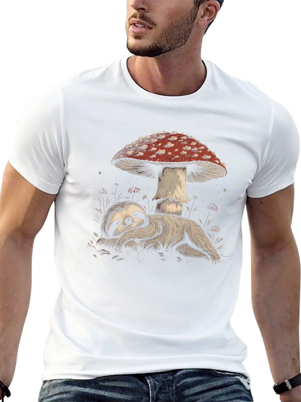 Sloth Under Mushroom Graphic Tee - Relaxed Fit