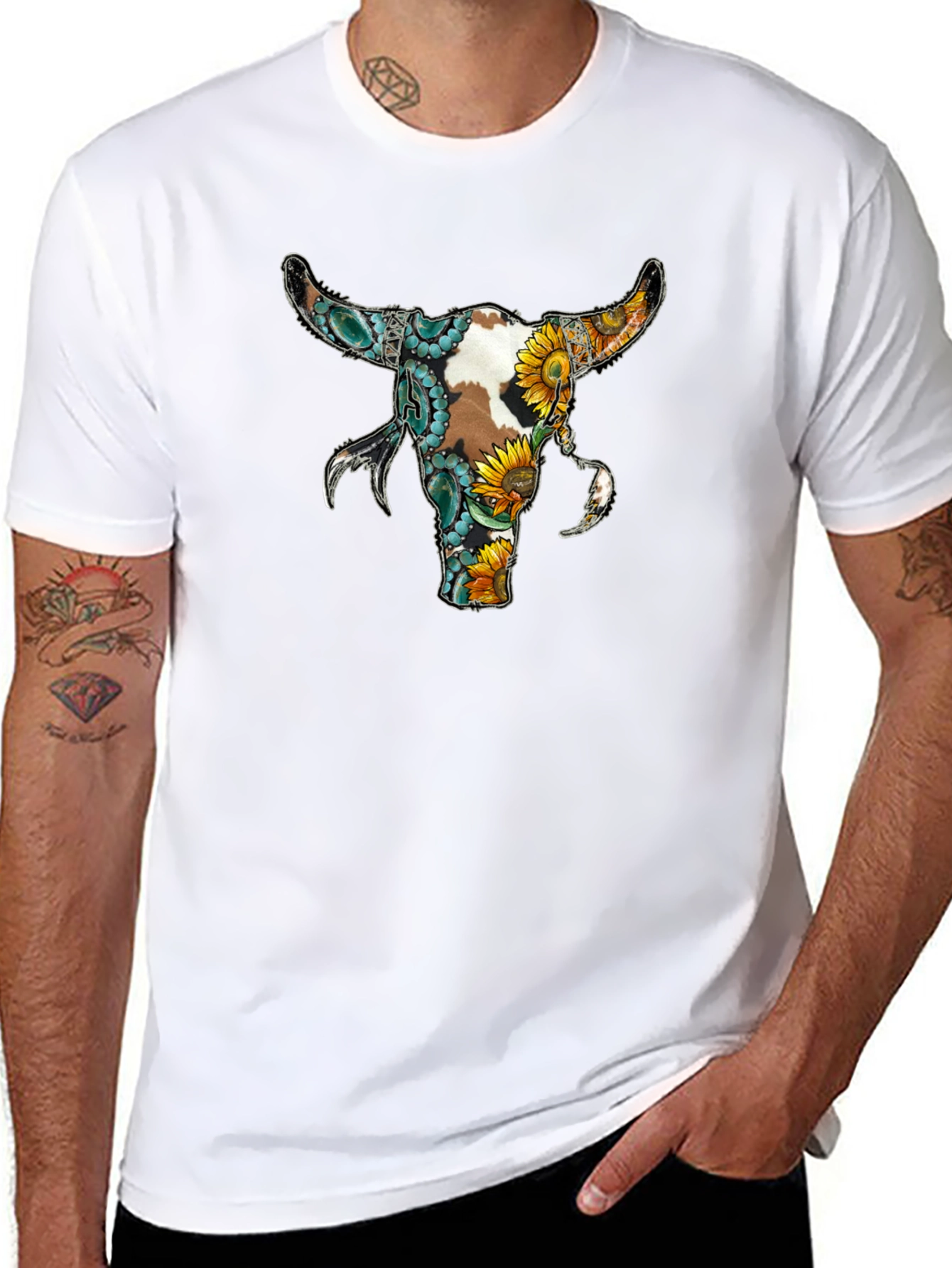 Floral Bull Skull Graphic Tee - Black
