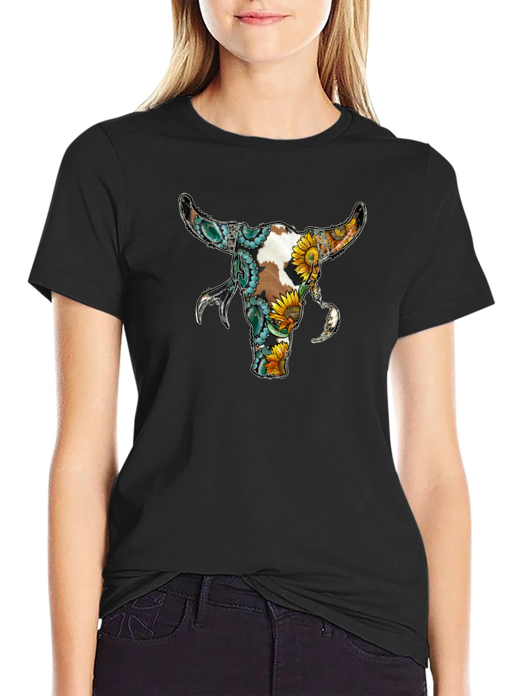 Floral Bull Skull Graphic Tee - Black
