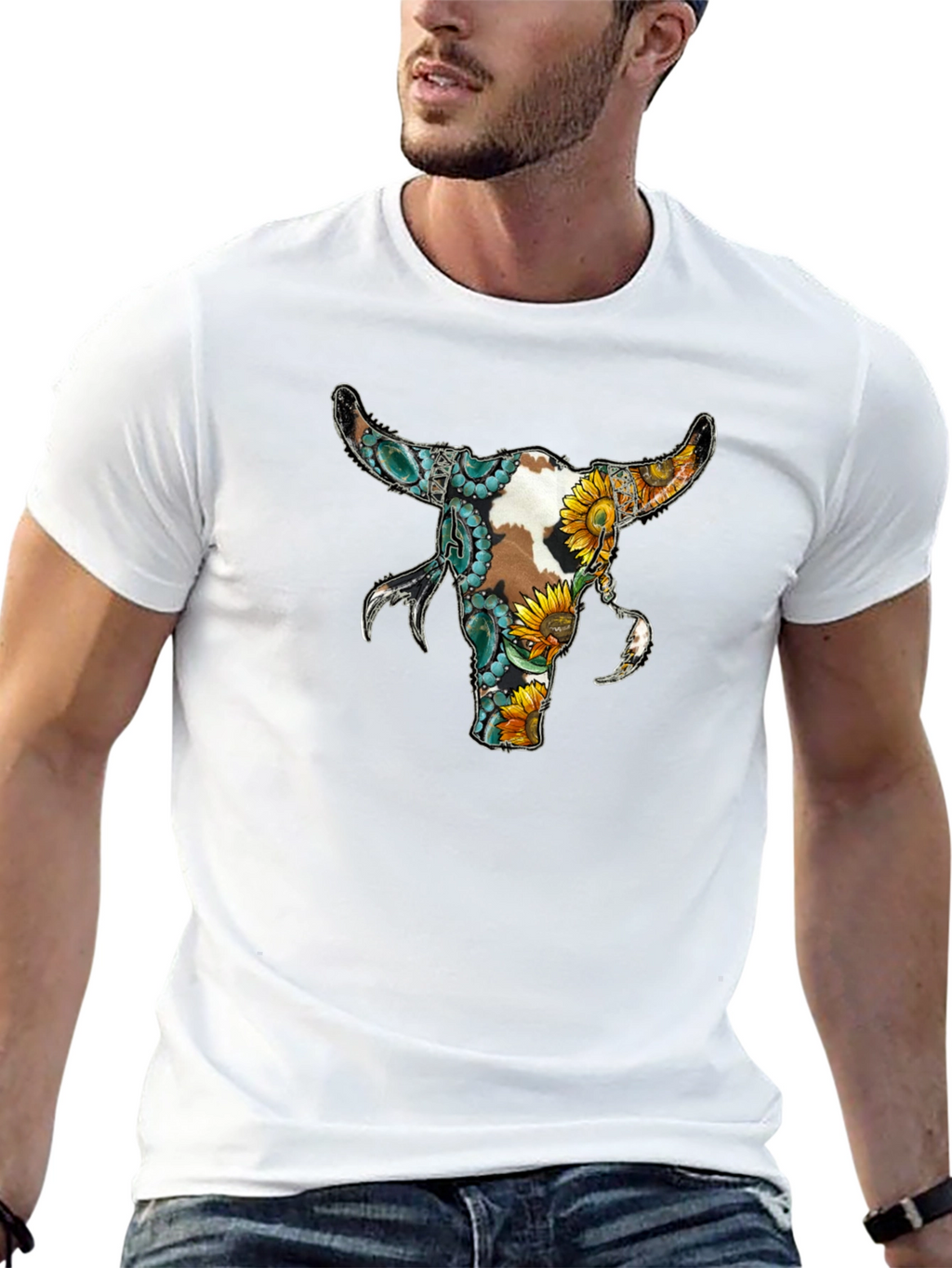 Floral Bull Skull Graphic Tee - Black