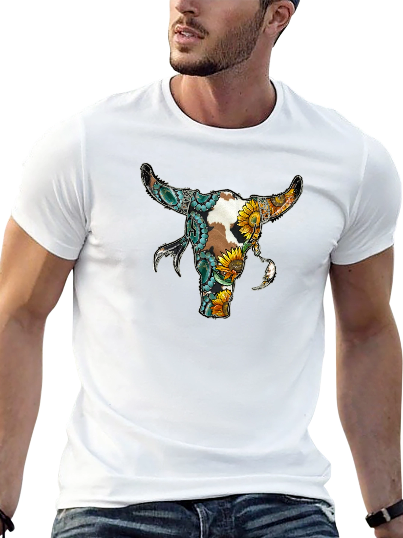 Floral Bull Skull Graphic Tee - Black