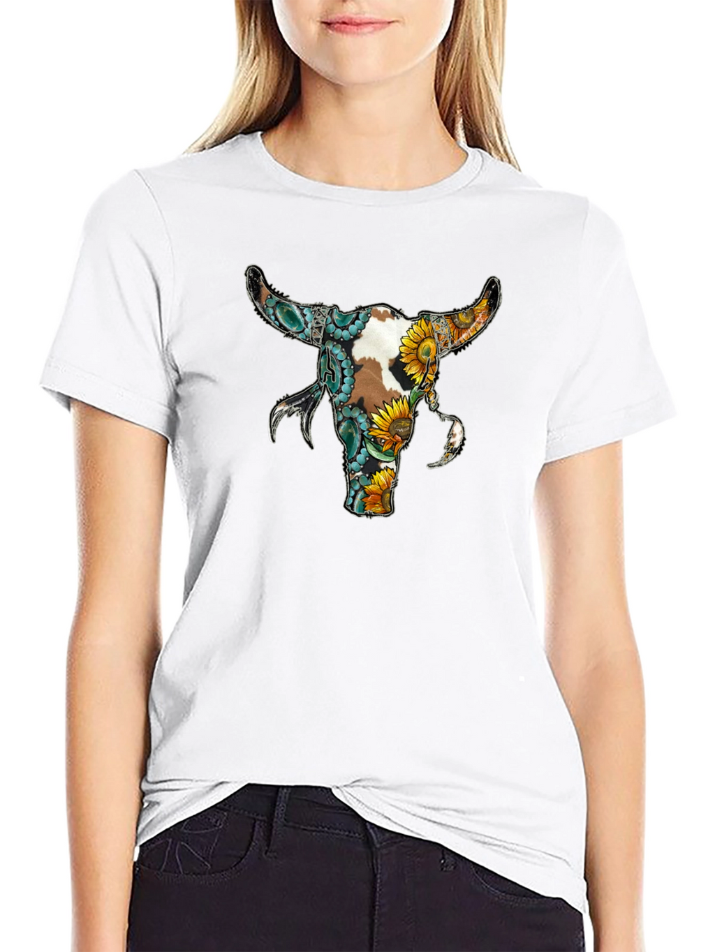 Floral Bull Skull Graphic Tee - Black