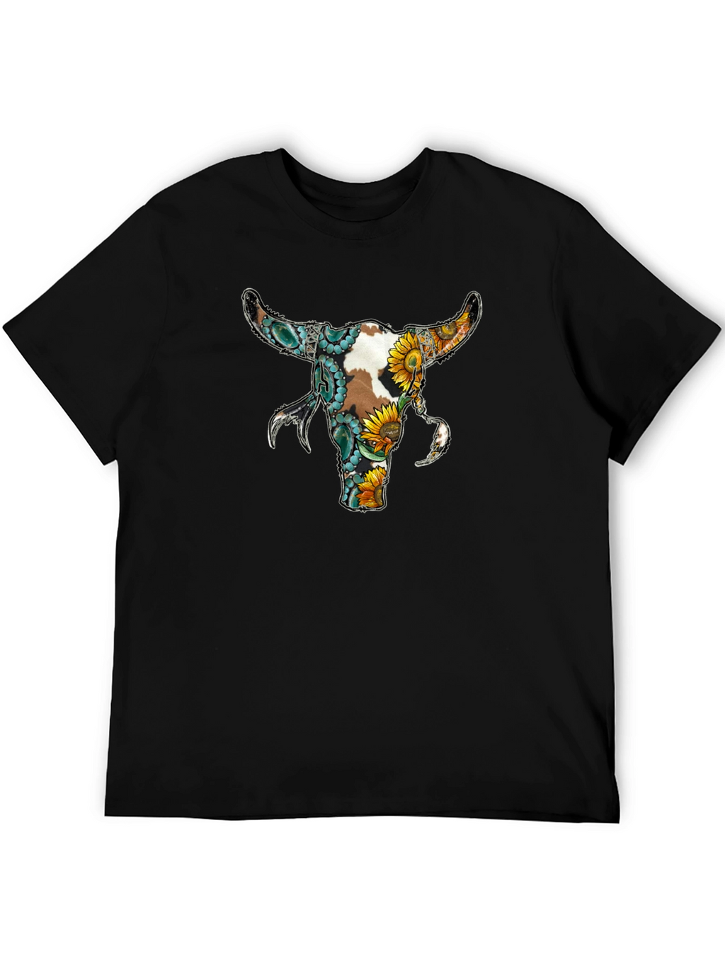 Floral Bull Skull Graphic Tee - Black