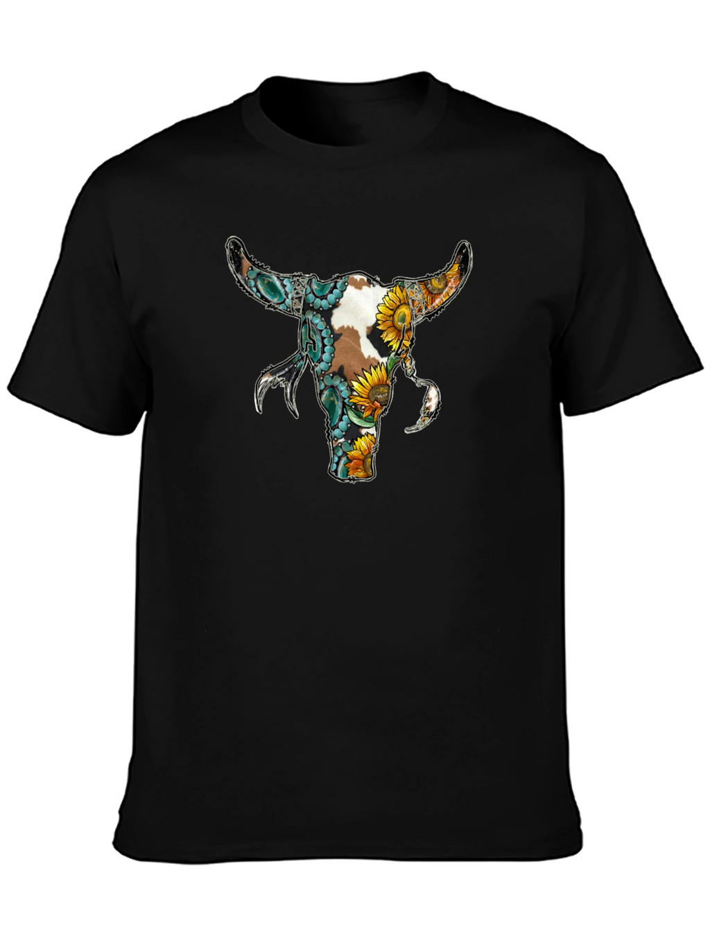 Floral Bull Skull Graphic Tee - Black