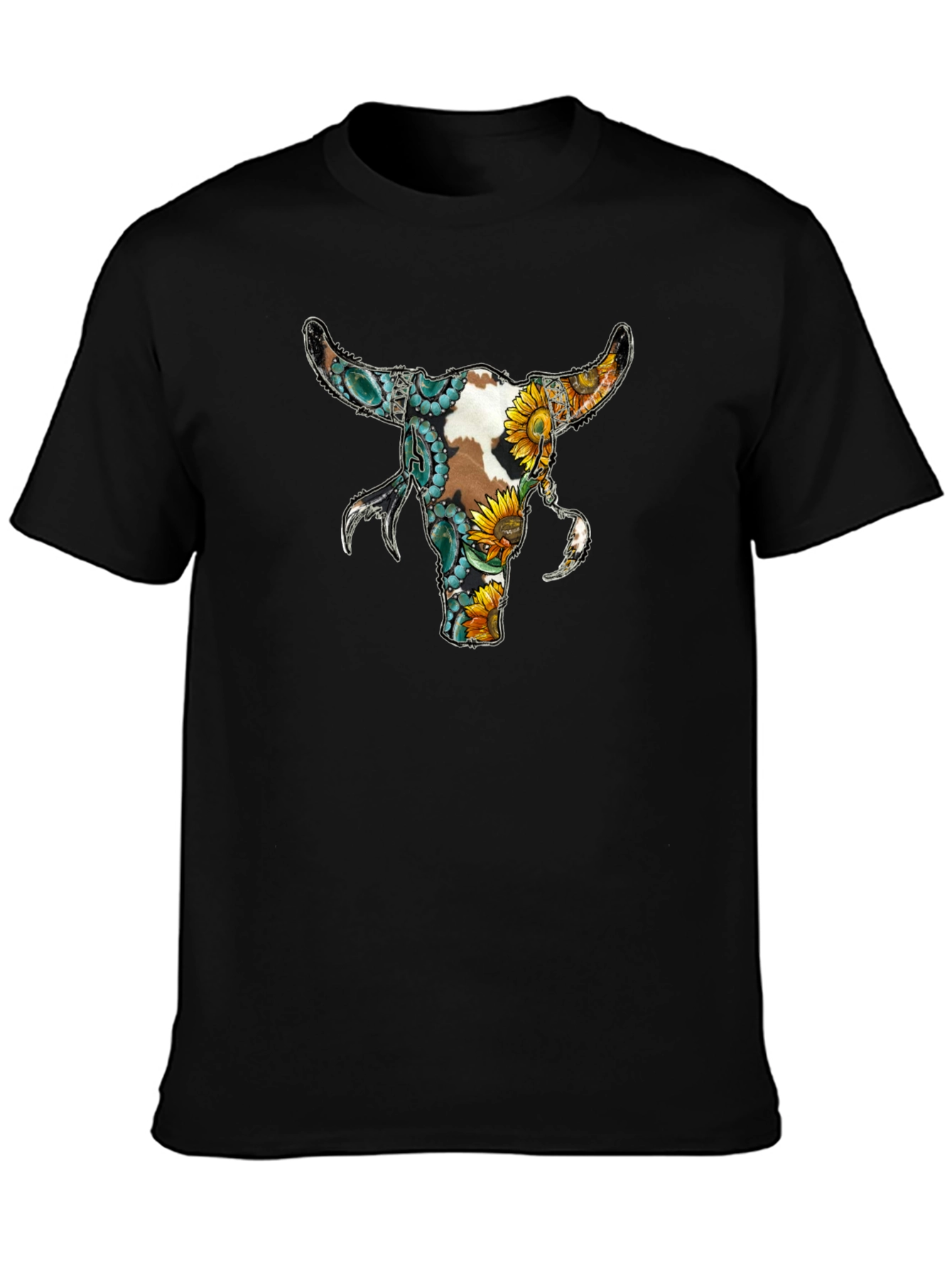 Floral Bull Skull Graphic Tee - Black