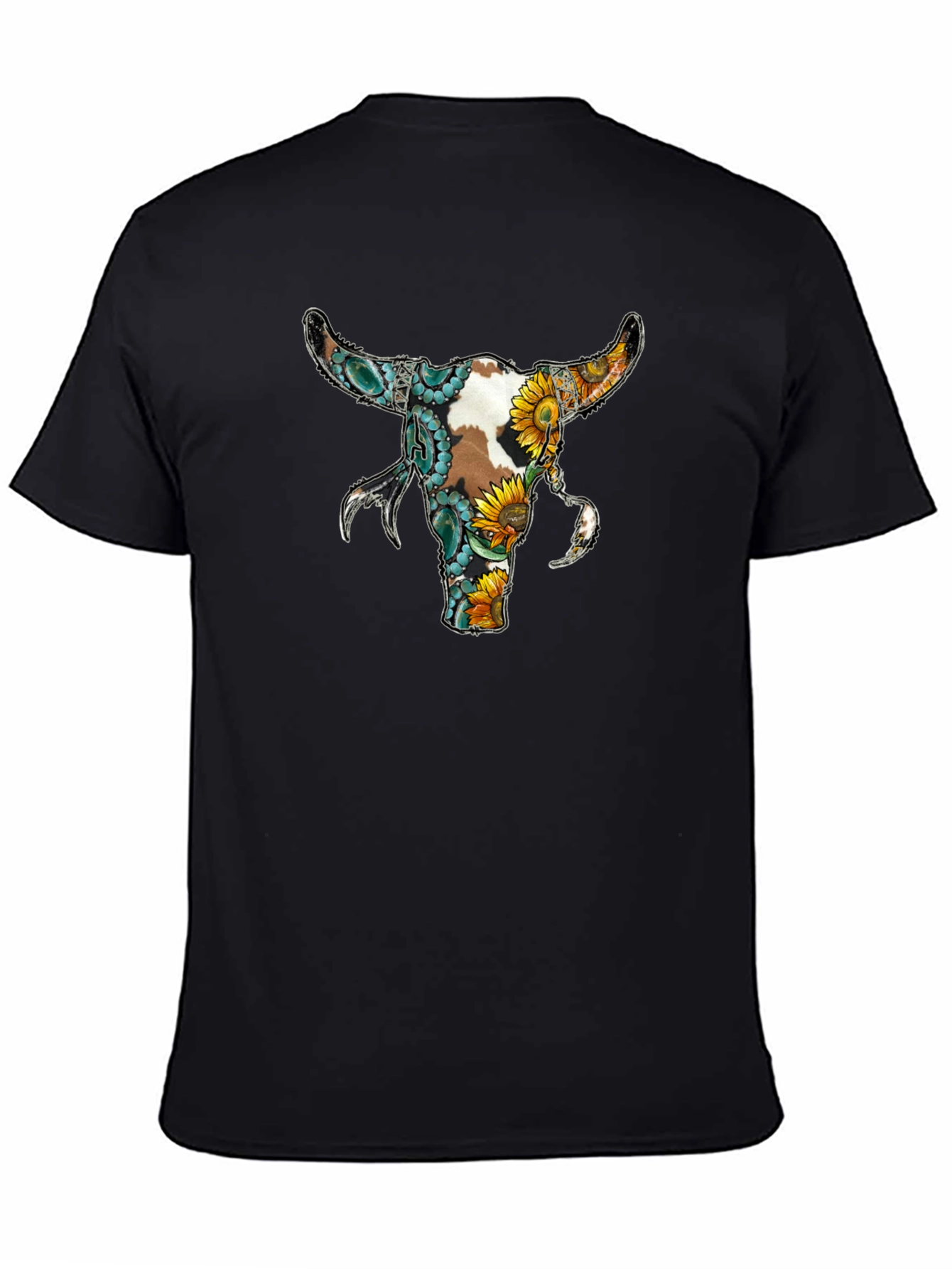 Floral Bull Skull Graphic Tee - Black