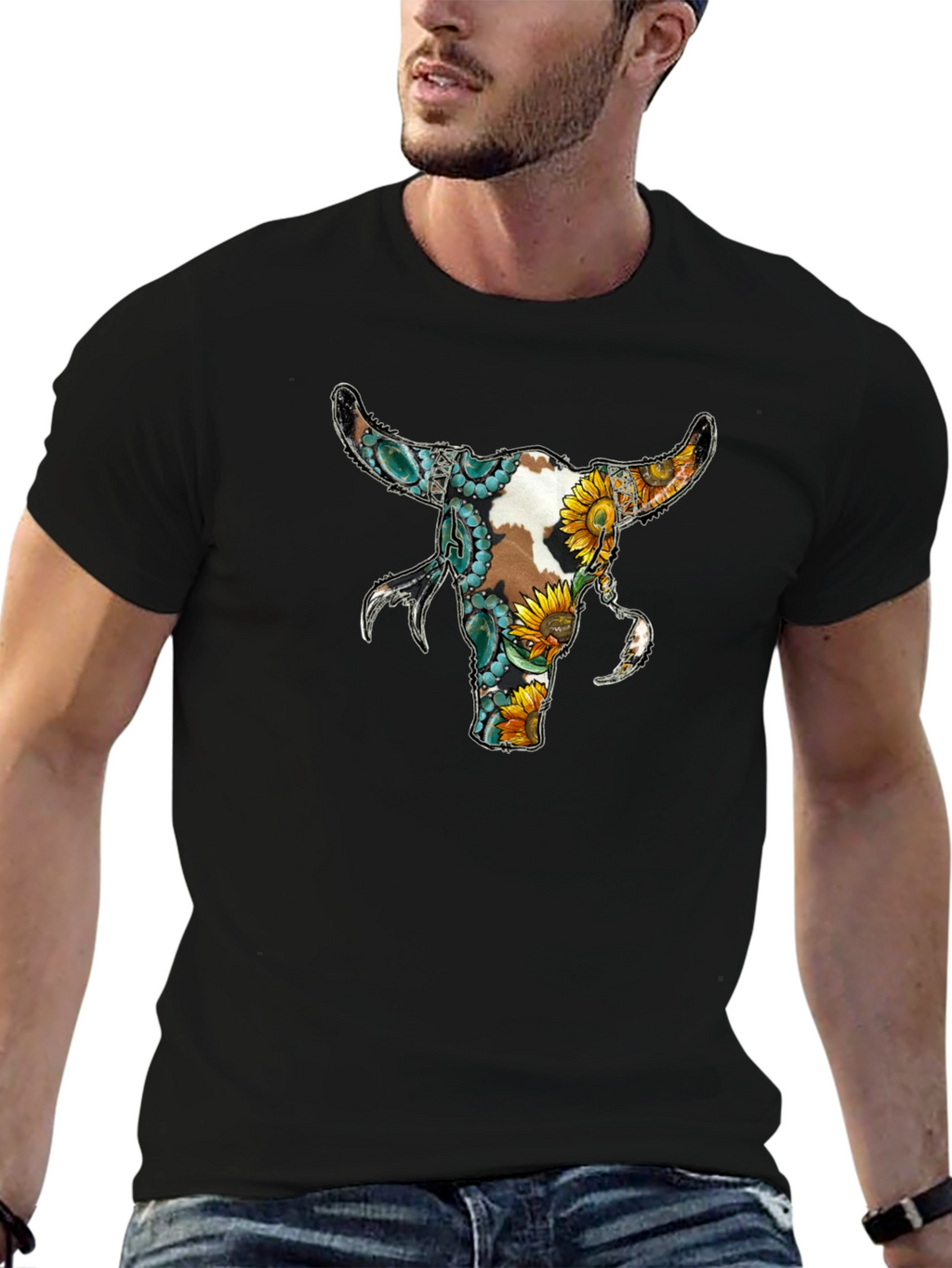 Floral Bull Skull Graphic Tee - Black