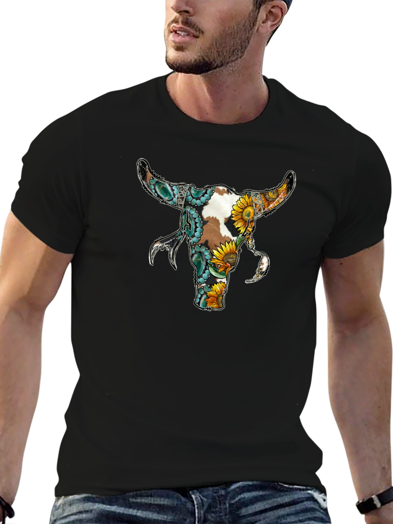 Floral Bull Skull Graphic Tee - Black