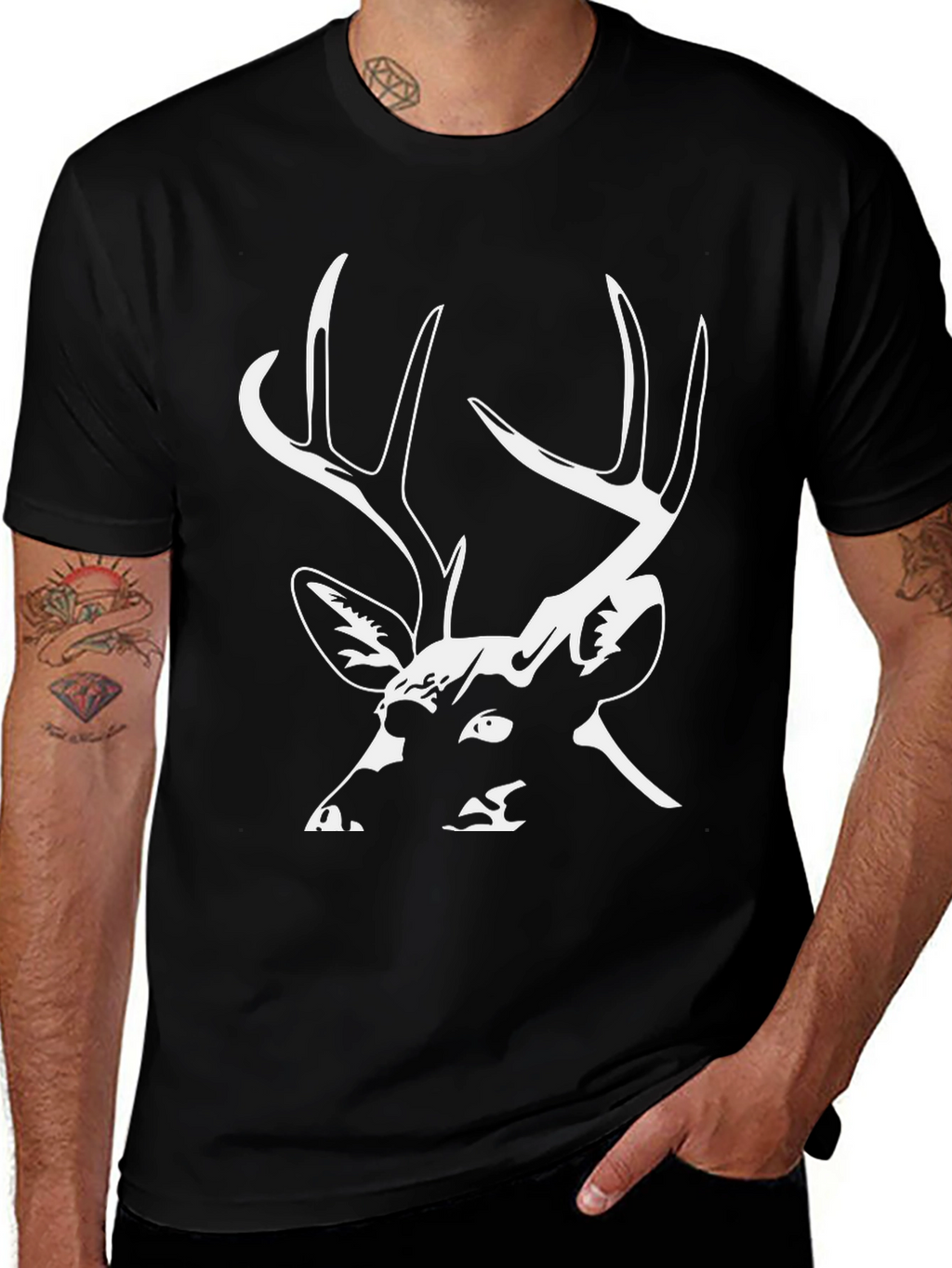 Deer Graphic Tee - Black Cotton Casual T-Shirt