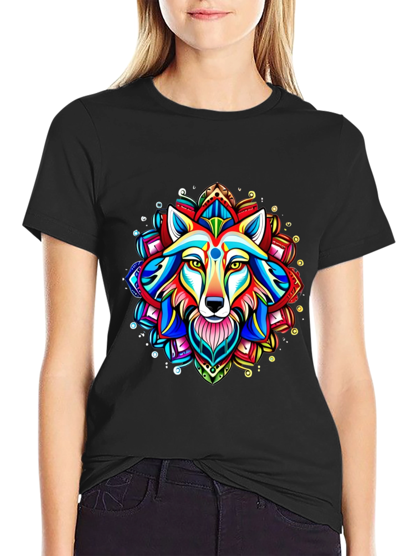 Vibrant Wolf Mandala Graphic Tee
