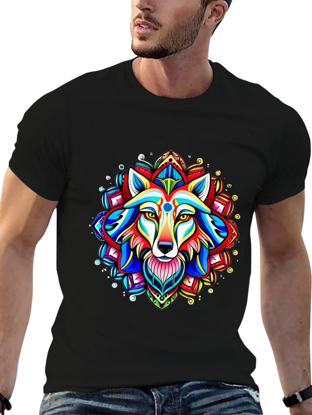 Vibrant Wolf Mandala Graphic Tee