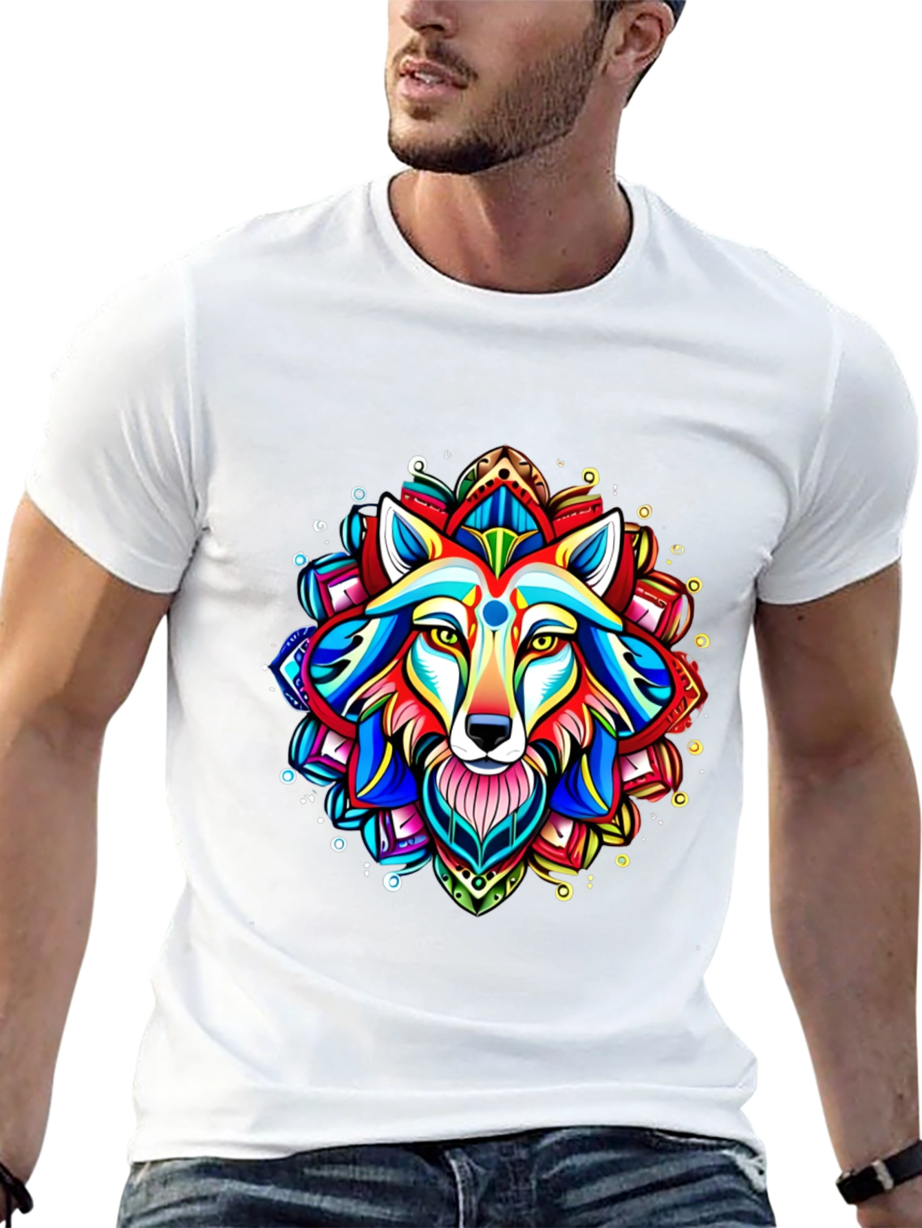 Vibrant Wolf Mandala Graphic Tee