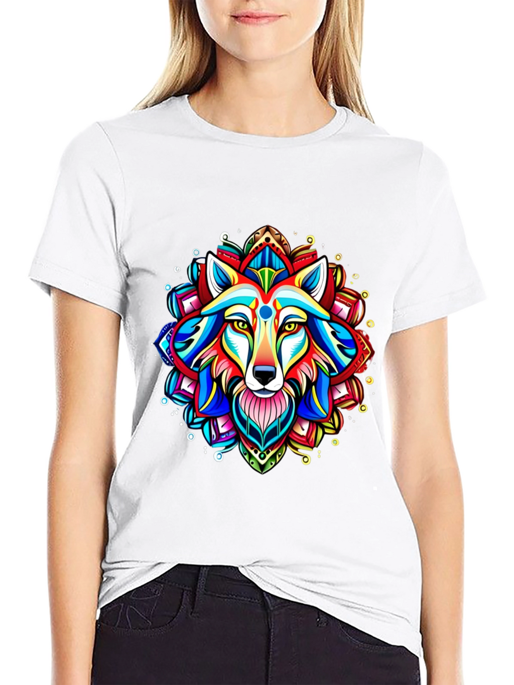 Vibrant Wolf Mandala Graphic Tee