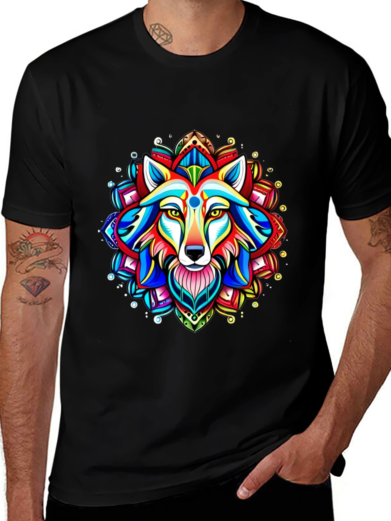 Vibrant Wolf Mandala Graphic Tee
