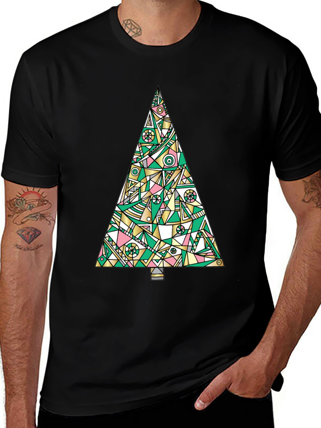Abstract Christmas Tree Graphic Tee - Black