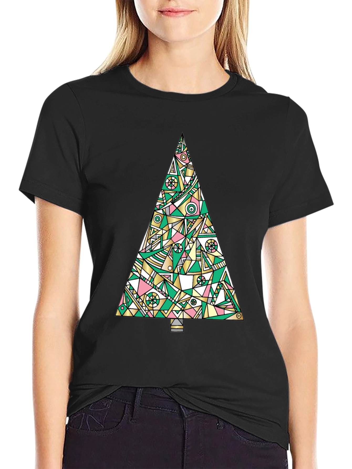 Abstract Christmas Tree Graphic Tee - Black