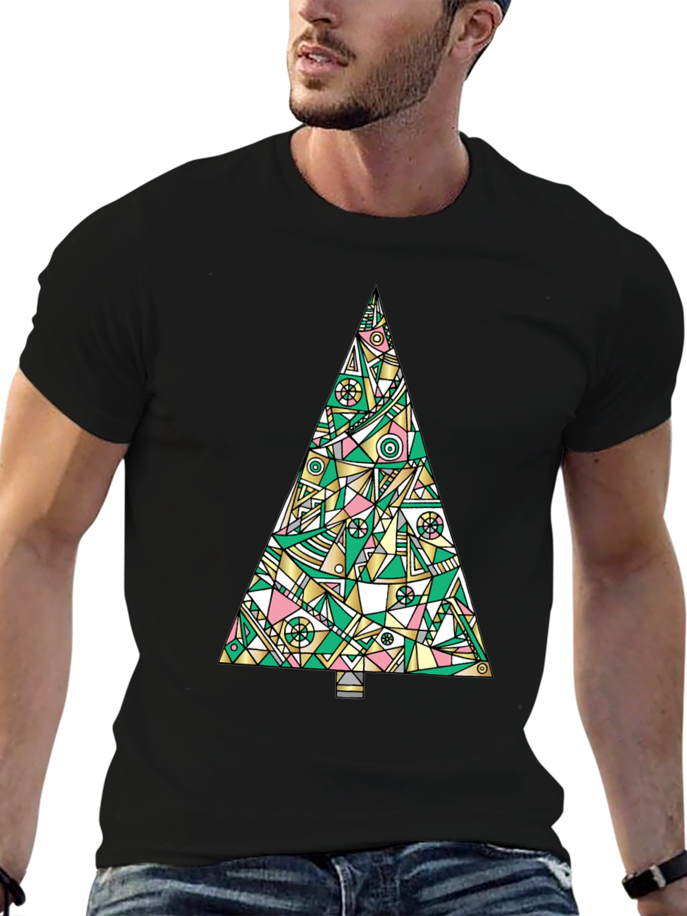 Abstract Christmas Tree Graphic Tee - Black