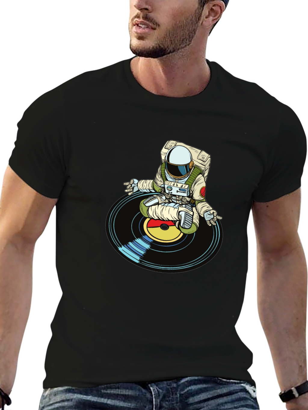 Astronaut DJ Graphic T-Shirt - Black Cotton Blend