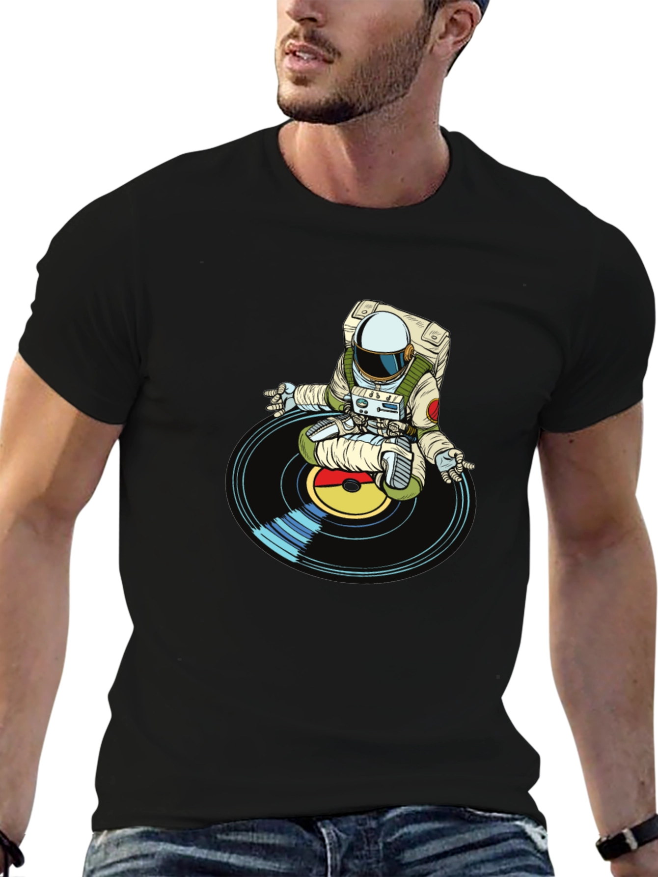 Astronaut DJ Graphic T-Shirt - Black Cotton Blend