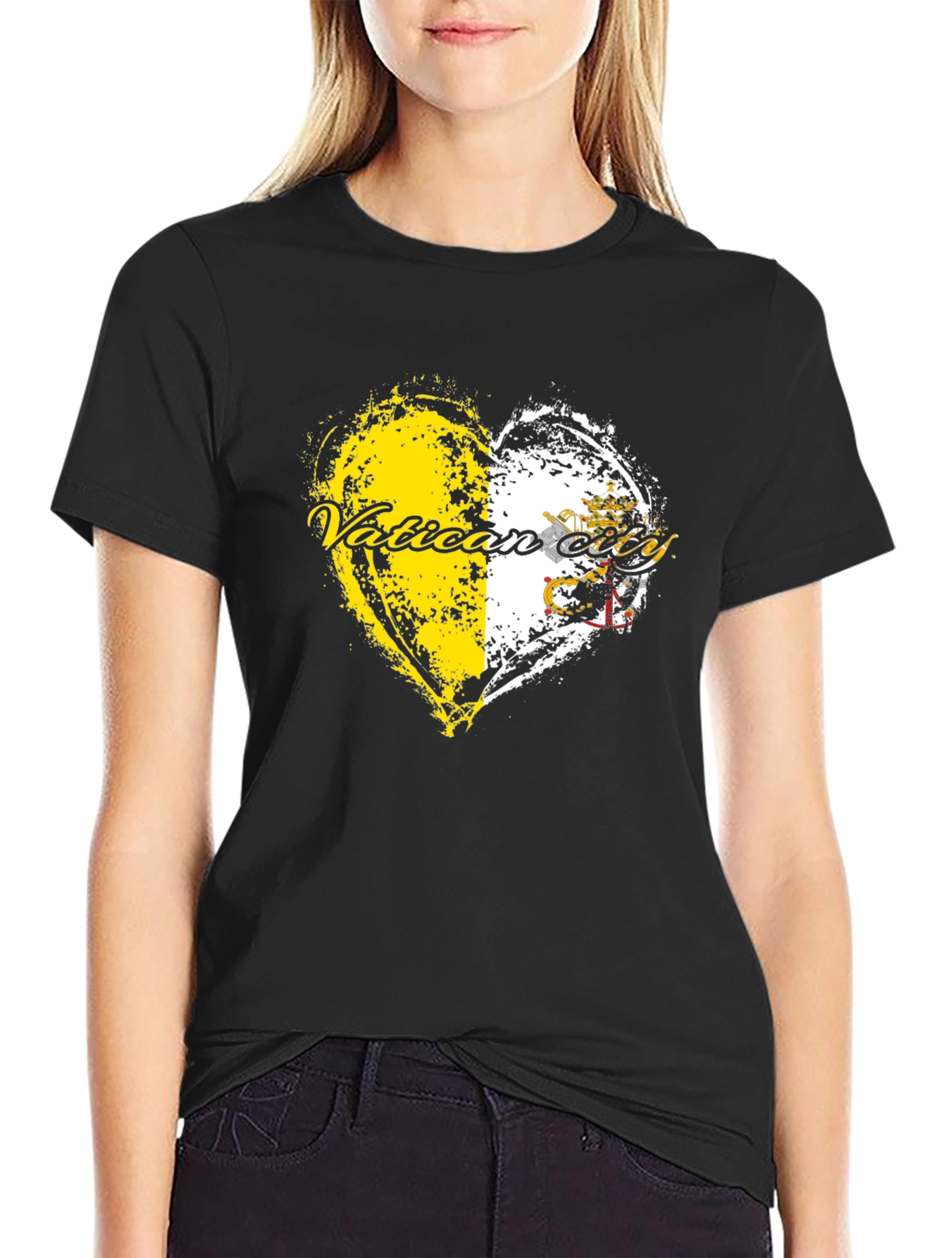 Vatican City Flag Heart Graphic Tee - Black