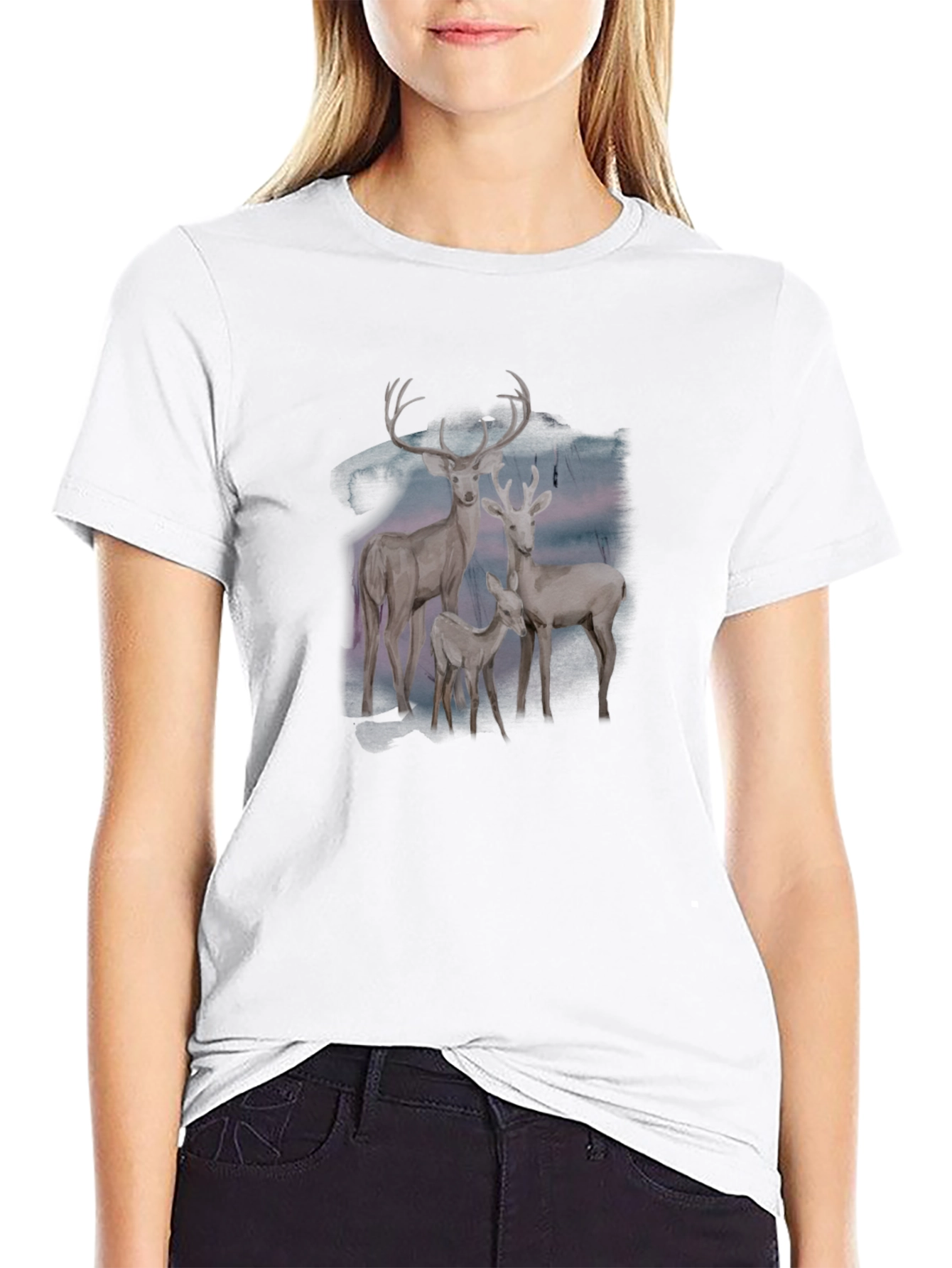 Deer Family Graphic Tee - Black Cotton Blend