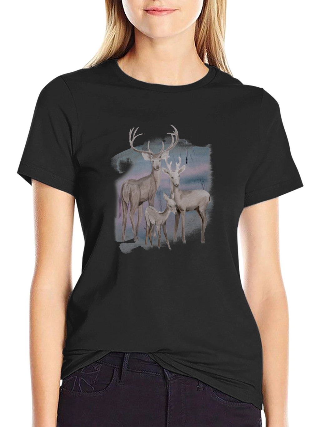 Deer Family Graphic Tee - Black Cotton Blend