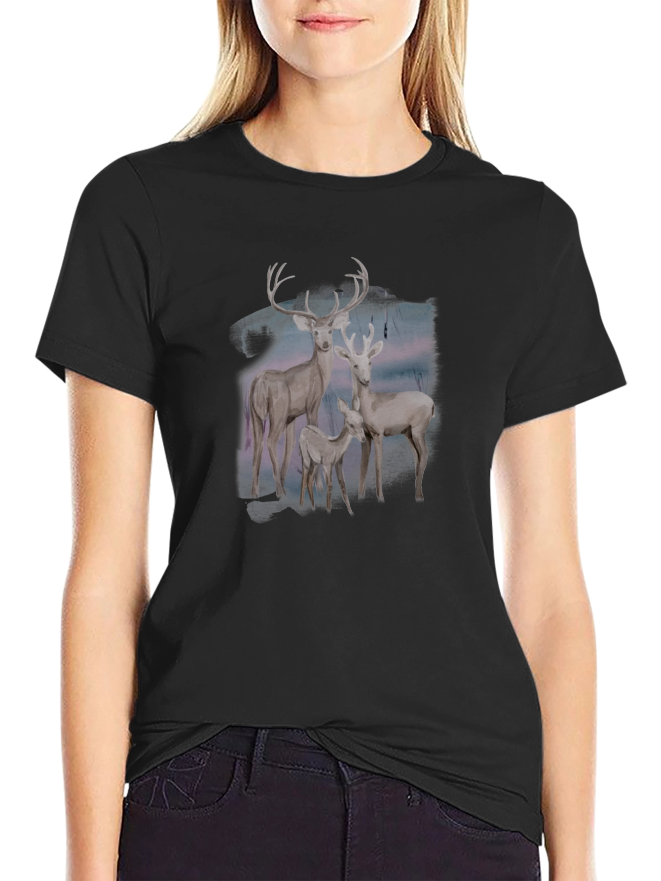 Deer Family Graphic Tee - Black Cotton Blend