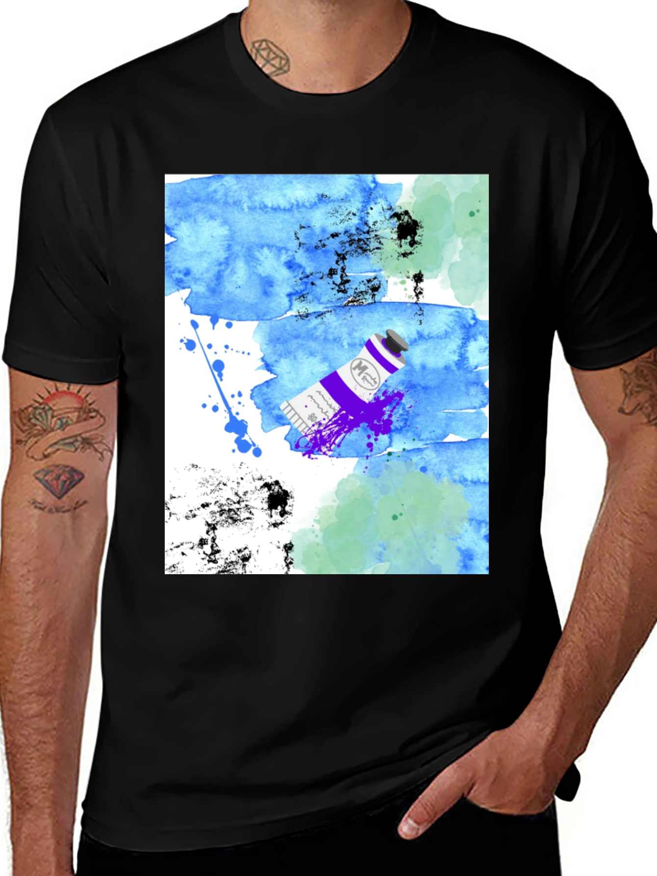 Watercolor Paint Tube Mens Black T-Shirt