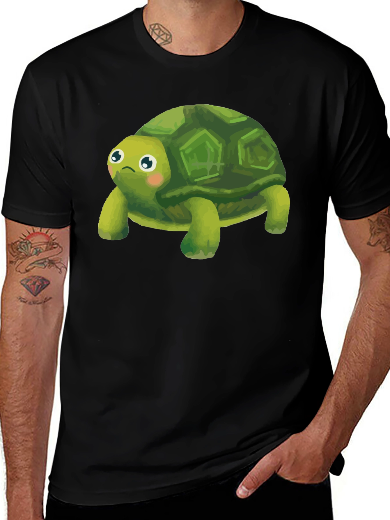 Cute Turtle Graphic Tee - Black Cotton Blend Shirt