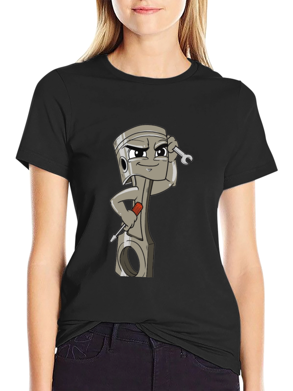 Cool Cartoon Piston Mechanic Black T-Shirt