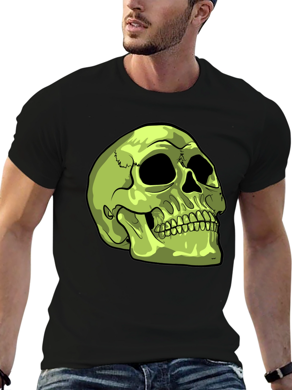Skull Graphic T-Shirt - Green Skull on Black Tee